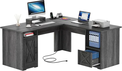 Vista 10 de YITAHOME Escritorio en forma de L con tomas de corriente, escritorio de computadora de esquina de 60 pulgadas con cajón para archivos, escritorio