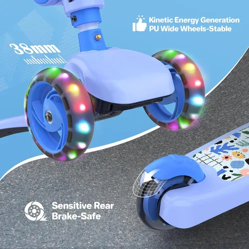 Vista 5 de TONBUX Kids Scooter with Seat, 3 Wheels Scooter with PU Luminous Wheels, Non-Slip Handle and Wide Deck, Sensitive Brakes, 4-Level Adjustable Height