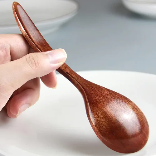 Vista 5 de IQCWOOD Cuchara de madera coreana, 6 cucharas de madera, 7 pulgadas, hechas a mano, cucharas de madera asiática natural para sopa, café, ensalada
