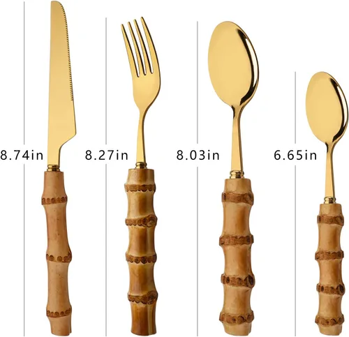 Vista 5 de Juego de cubiertos de mango de bambú natural, juego de cubiertos de acero inoxidable para 4, tenedores, cucharas, cuchillos para uso diario, 16