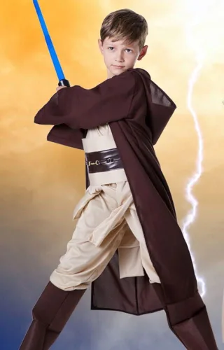 Vista 5 de VOWAGH Disfraz de Jedi para niños bata con capucha y cinturón disfraz de guerrero galáctico para Halloween