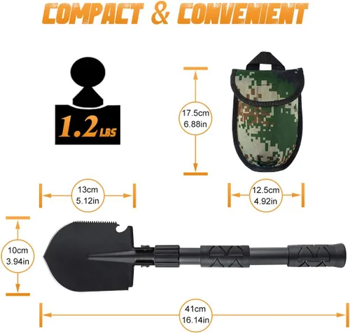 Vista 8 de OKOOLCAMP - Pala plegable para campamento, multiherramienta, pala militar, de acero de aleación, resistente, para supervivencia, para automóvil