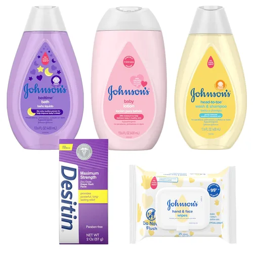 Vista 5 de Johnson's Baby Aquí Viene Bebé - Set de regalo para bebés, esenciales para nuevos padres con loción hidratante, baño relajante, gel de baño