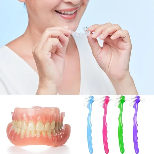 Vista 6 de Cepillo de dientes pequeño para dentaduras postizas, cerdas multicapas, mango de goma ergonómico para limpieza de dientes falsos