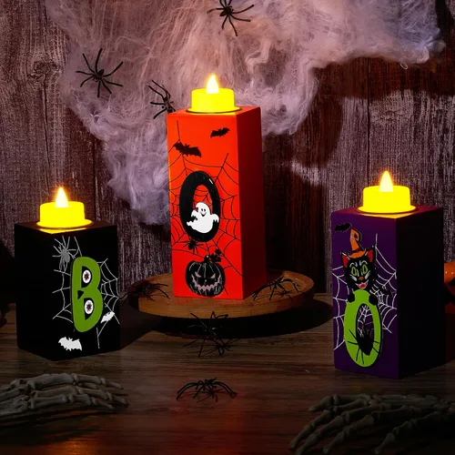 Vista 6 de BlcTec Decoraciones de Halloween, 3 PIEZAS Portavelas de Madera de Halloween con Luces de Té LED y Tallado 3D, Centros de Mesa de Velas de Madera