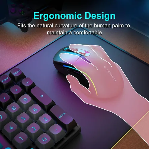 Vista 7 de E-YOOSO Mouse inalámbrico para juegos, 10,000 DPI, trimodo de 2.4 GHz/Bluetooth/USB-C con cable, retroiluminación RGB, 6 botones programables, mouse