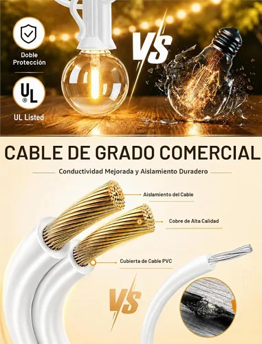 Vista 5 de Guirnalda de luces LED de 25 pies para exteriores, G40 Globe Patio Lights Cable blanco de 25 pies