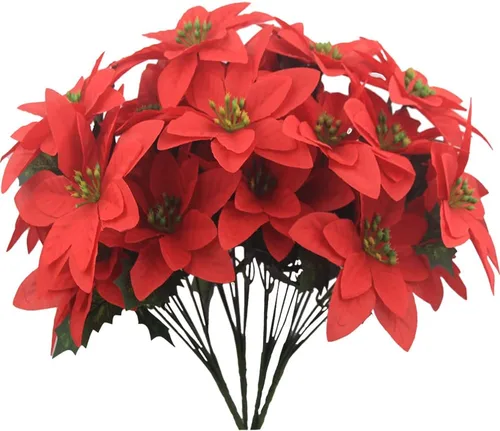 Vista 9 de Ferial 2 flores artificiales de Navidad – Ramo de flor de Pascua de seda de 5 cabezas – Flores falsas para fiesta de Navidad, decoración de boda 2