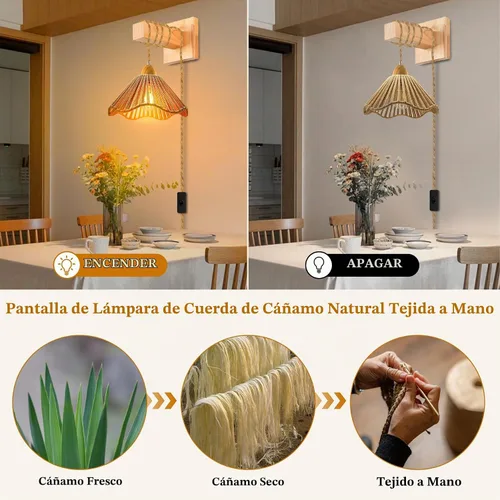 Vista 7 de Luces colgantes rústicas de granja con cable enchufable, cable de cuerda de cáñamo trenzada de 16.7 pies, pantalla tejida de cáñamo de 23x10 cm