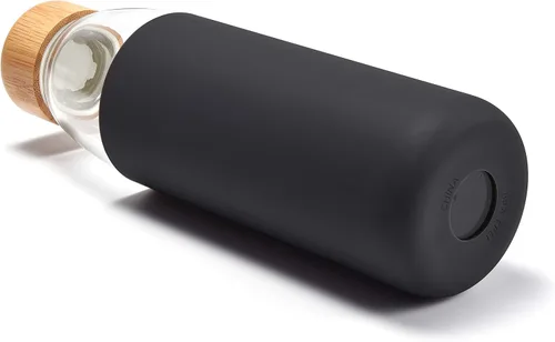 Vista 4 de Botellas de agua de vidrio de borosilicato de 18 onzas con tapa de bambú, sin BPA, funda de silicona antideslizante y tapa a prueba de fugas de Negro