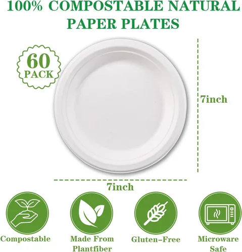 Vista 9 de DaYammi Platos de Papel 100% Compostables de 7 Pulgadas, Paquete de 60 Platos de Papel Resistente, Bagazo Biodegradable, Platos de Postre