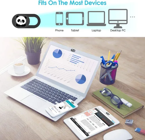 Vista 3 de Funda deslizante para cámara de laptop, 0.02 pulgadas, ultradelgada, linda con diseño de panda, para MacBook Pro, laptops, smartphone, Mac, PC Negro