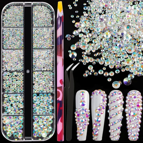 Vista 32 de Juego de 3440 piezas de cristales de vidrio transparente blanco y AB, en 6 tamaños con lápiz recogedor, pinzas para manicura con brillo iridiscente