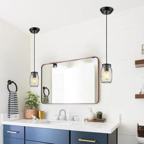Vista 7 de Lámpara colgante ajustable para isla de cocina, 1 luz colgante de cristal Mason Jar (2 unidades)