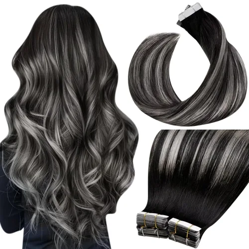 Vista 38 de LaaVoo Extensiones adhesivas de cabello humano real, color negro azabache, extensiones de cabello humano liso y sedoso, 10 pulgadas, 20