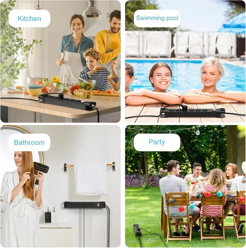 Vista 7 de HEZI IPX6 - Regleta de alimentación para exteriores resistente a la intemperie, 1200J, negro, 6 pies Tira de alimentación de metal, cable