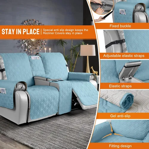 Vista 3 de VANSOFY Funda para Sofá de Dos Plazas Reclinable con Consola 100% Impermeable Fundas de Sofá Antideslizantes Funda de Sofá Reclinable Dividida Azuree