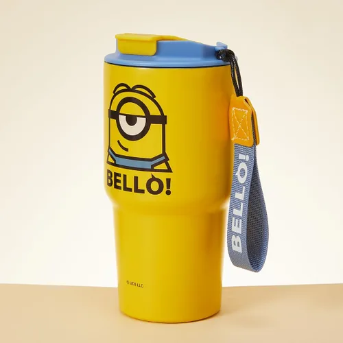 Vista 2 de MINISO Minions - Vaso de viaje de acero inoxidable de 17 onzas con correa, botella de agua aislada al vacío con tapa y soporte para taza de café