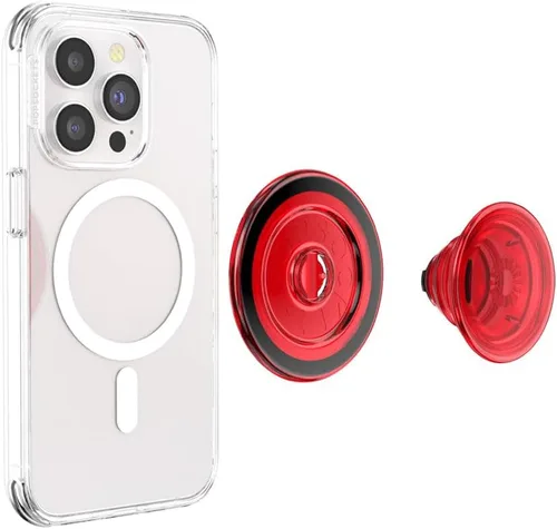 Vista 6 de PopSockets Agarre para teléfono MagSafe con soporte, soporte magnético, parte superior intercambiable, sujeción segura para fundas MagSafe de rojo