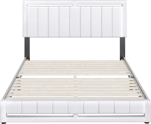 Vista 8 de Beaumont - Cama de plataforma tapizada con cabecero, base de colchón con 14 soportes de listones de madera, no requiere somier, piel sintética