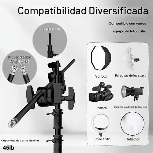 Vista 4 de Soporte C resistente con brazo de pluma, soporte de luz de acero inoxidable Negro