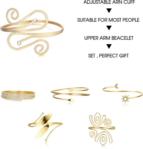 Vista 4 de UBGICIG 6 pulseras de brazo para mujer pulseras de brazo plateado dorado brazalete de hoja de remolino dorado pulsera ajustable