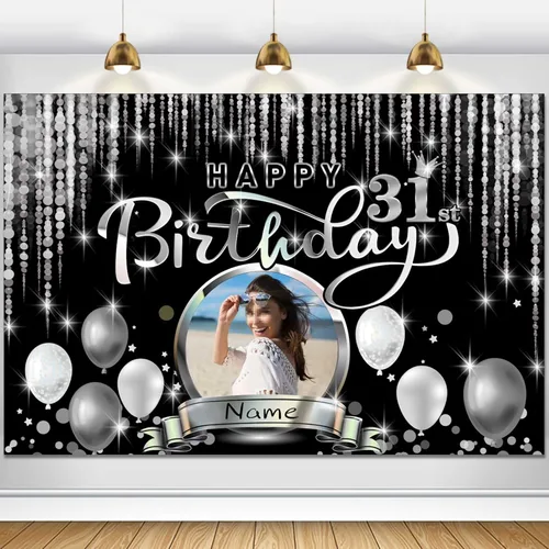 Vista 89 de Cartel de decoración de feliz cumpleaños número 100 personalizado - Personalización disponible - Negro y plateado - Tamaño grande - Admite fotos