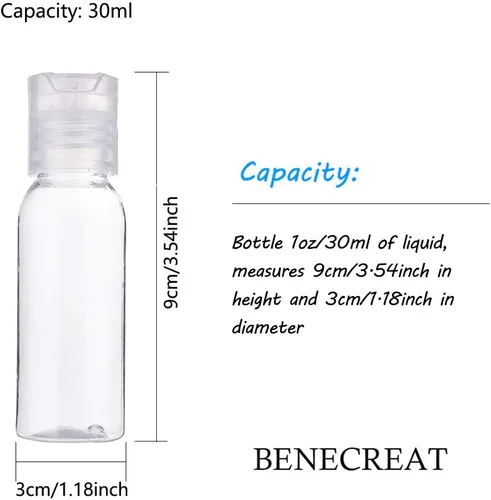 Vista 2 de BENECREAT Paquete de 24 botellas de plástico PET de 1 onza – Contenedores de viaje transparentes recargables con tapa de prensa para champú, loción