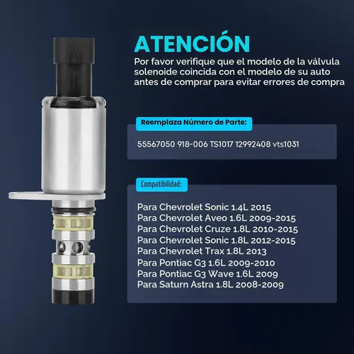 Vista 4 de Válvula de control de aceite VVT válvula variable de sincronización solenoide apto para Chevrolet Aveo Cruze Sonic Trax, Pontiac G3/G3 Wave, Saturn