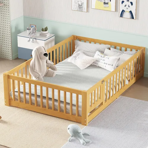 Vista 13 de Harper & Bright Designs - Cama de suelo para niños de tamaño individual con valla y puerta, marco de cama Montessori de madera maciza, cama