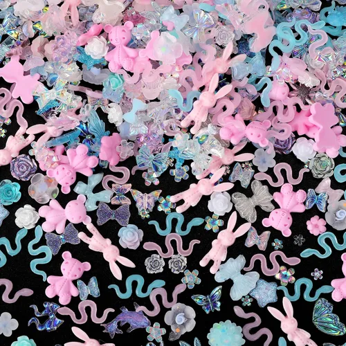 Vista 18 de COOSLIM 110 dijes de uñas 3D para uñas acrílicas, flor de camelia, rosa, mariposa, lazo, corazón, oso, conejo, estrella, para diseños de uñas