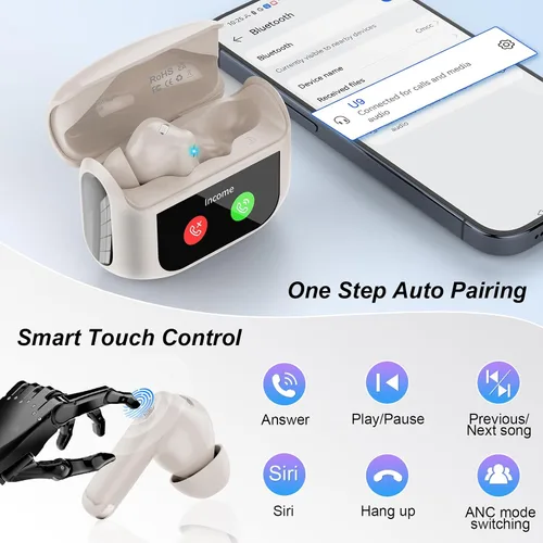 Vista 7 de Auriculares inalámbricos, Bluetooth 5.4, pantalla táctil multifunción con 5 modos de ecualización, auriculares estéreo de 48 horas con cancelación