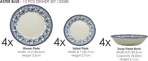 Vista 3 de TUDOR ROYAL - Juego de vajilla redonda de porcelana de 12 piezas, servicio para 4, diseño azul aster, multicolor floral, platos, tazones, tazas