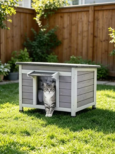 Vista 7 de Casa climatizada para gatos al aire libre con forro aislante, refugio impermeable para gatos Solid Fir Timber Stray Kitty Habitat With Removable