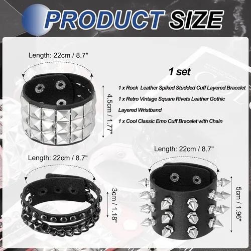 Vista 2 de MECCANIXITY Juego de pulseras de cuero con tachuelas de rock punk, brazalete gótico con púas de PU, pulseras ajustables Emo Grunge, accesorios