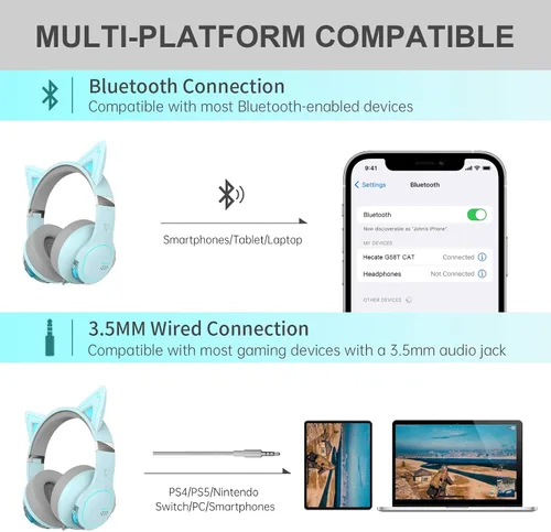 Vista 2 de Edifier G5BT CAT - Auriculares inalámbricos Bluetooth con cable para juegos con micrófono azul cielo