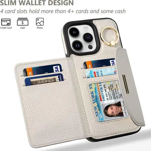 Vista 2 de Funda tipo cartera de Keallce para iPhone 14 Pro de 6.1 pulg., funda con tapa y ranuras para tarjetas, soporte con anillo, funda protectora de piel
