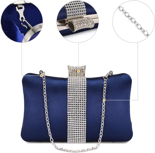 Vista 6 de DA BODAN Bolso de mano Jane de satén con diamantes de imitación para mujer para noche novia graduación fiesta bolso cruzado con cadena