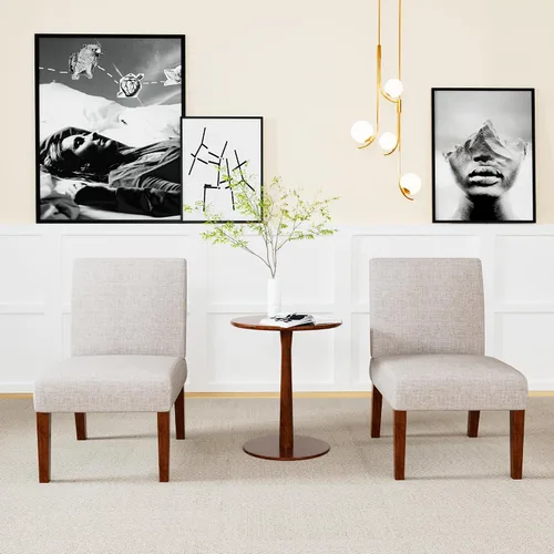 Vista 6 de Juego de 2 sillas decorativas con mesa a juego, sillas laterales tapizadas de lino de madera maciza para sala de estar, dormitorio, sala de espera