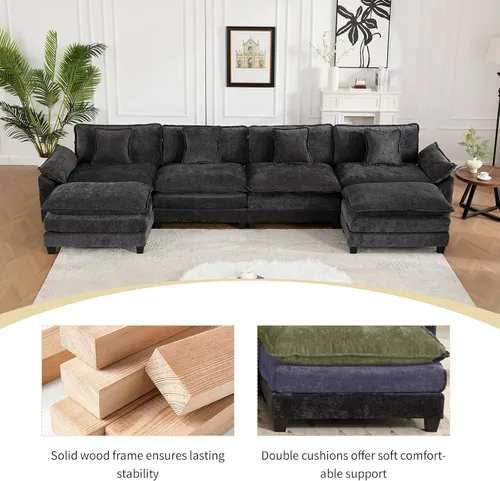 Vista 15 de Sofá seccional modular verde de 111.5", sofás seccionales grandes de 3 plazas para sala de estar, sofá nube oversized de tela chenille con otomana