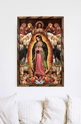 Vista 3 de DVDMATINEMOVIES - Pintura al óleo divina de Nuestra Señora de Guadalupe, marco rústico de madera especial de 24 x 36 pulgadas, arte de la Virgen