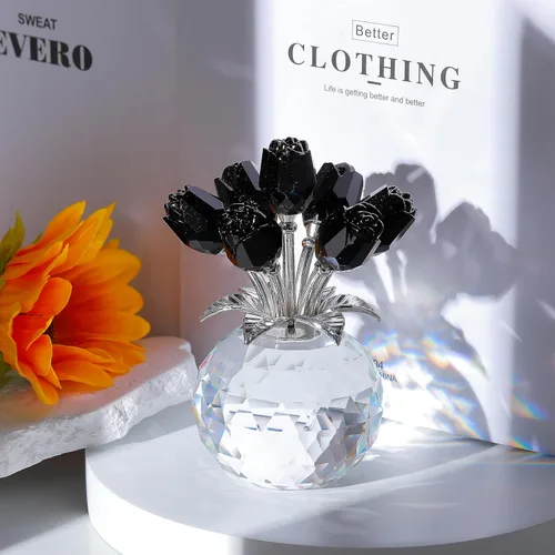 Vista 2 de Movdyka Figura de cristal de rosa negra con jarrón, ramo de flores, regalos para esposa, novia, mujer, rosas negras falsas, decoración gótica