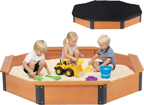 Vista 10 de Cajón de arena de 64"x56"x8.5" octogonal con cubierta para juegos al aire libre de niños, arenero grande de madera con 4 bancos, instalación rápida