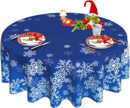 Vista 30 de Mantel redondo de Navidad con diseño de copos de nieve de Navidad para cocina, comedor, decoración de mesa de poliéster lavable para mesa de bufé