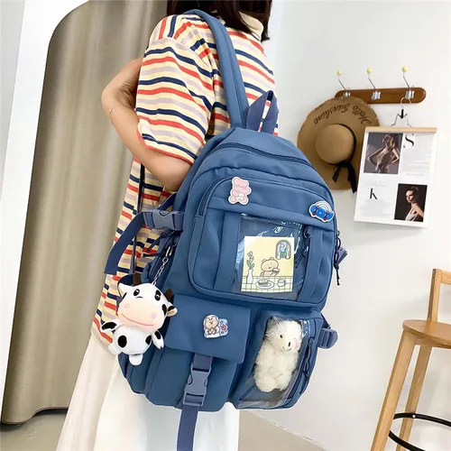 Vista 4 de Kawaii Backpack With cute plush pendant and Kawaii pins,Aesthetic Backpack Cute Kawaii Backpack for School