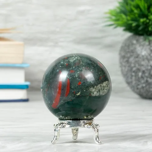 Vista 3 de Crocon Bola de esfera de piedra de sangre africana de 1.969 in con soporte de metal, más de 1400 quilates, bola de piedras preciosas curativas