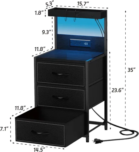 Vista 3 de SZLHANJZ - Mesita de noche LED con estación de carga, mesita de noche con 3 cajones y luces, mesa auxiliar de almacenamiento con estante y ganchos