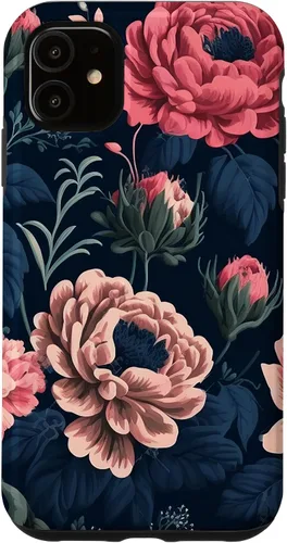 Vista 5 de Funda de follaje botánico para iPhone 15 con diseño floral azul marino y rosa