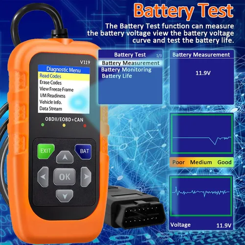 Vista 6 de Lector de código de escáner V119 OBD2, herramienta de diagnóstico de luz de motor de verificación, probador de voltaje de automóvil para vehículos