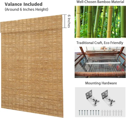 Vista 4 de Persianas romanas de bambú, de yute y trigo, opacas, personalizadas, opacas, para oscurecer la habitación, persianas de madera tejidas, persianas